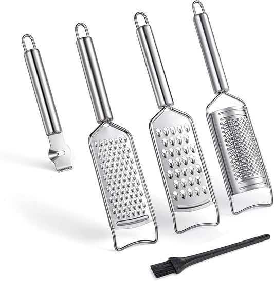 Stainless Steel Cheese Grater Set, Set of 5 Kitchen Grater & Peeler & Slicer, Lemon Zester with Cleaning Brush for Vegetable, Fruit, Chocolate