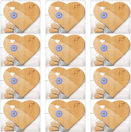 12 Set Bridal Shower Party Favors 12 Bamboo Cheese Board 6 Cheese Knives 6 Cheese Forks with Packaging Boxes Thank You Tags for Guests Prizes Wedding Baby Shower Gifts(Heart, 12 Sets)