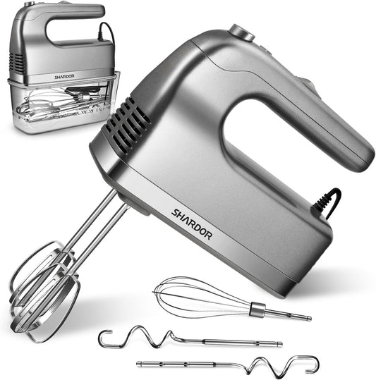 SHARDOR Hand Mixer, 450W Handheld Mixer with Storage Case 5-Speed plus Turbo Hand Mixer Electric with 5 Stainless Steel Attachments(2 Beaters, 2 Dough Hooks and 1 Whisk), Silver