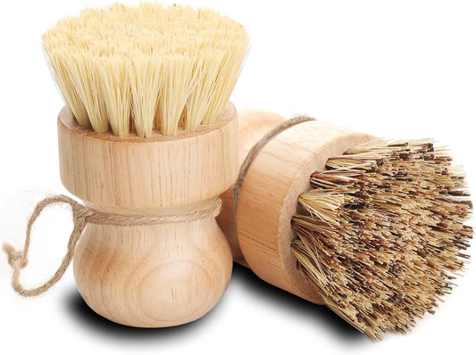 Dish Scrub Brush & Palm Pot Brush. Set of 2- Cleans Pan/Vegetable/Dishes/Wok, Made Out of Hard Palm & Soft Sisal Bristles with a Rubberwood Handle | Natural Bristle | Eco-Friendly