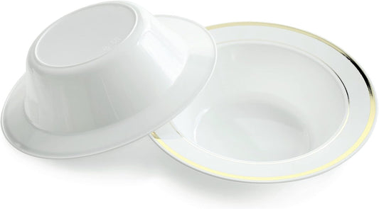 " OCCASIONS " 40 Piece Plates Pack, Heavyweight Disposable Wedding Party Plastic Bowls (6 Oz Dessert Bowls, White & Gold Rim)