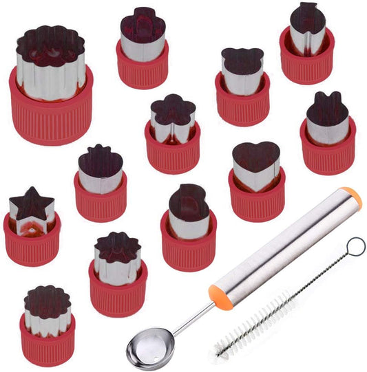 12 Pcs Vegetable Fruit Cutter Shapes Set with Melon Baller Scoop and Cleaning Brush, Mini Pie Cookie Stamps Mold for Kids Crafts Baking and Food Supplement Tools for Kitchen-Red