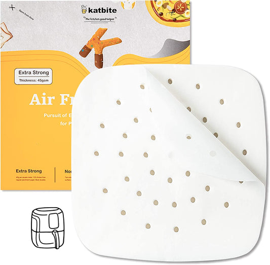 Katbite 8.5 Inch Air Fryer Parchment Paper Liners, 120Pcs Perforated Parchment Paper Sheets, Heavy Duty and Non-Stick Squares for Air Fryer, Steaming Basket, Bamboo Steamer, Cake Pans  katbite White 7.5"-200 