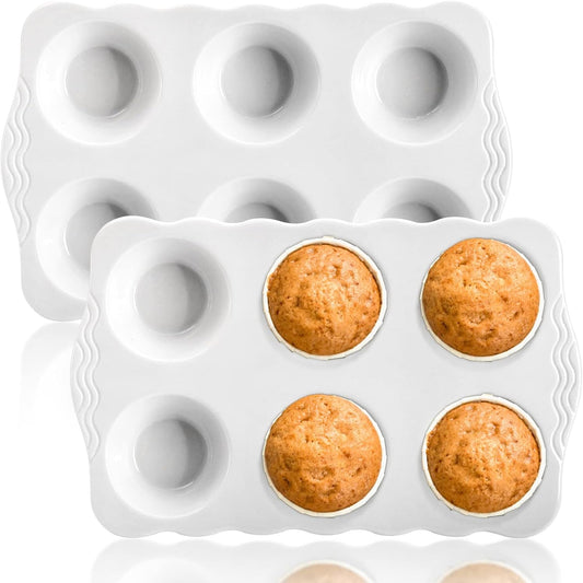 2 Pack Ceramic Muffin Pans, 6 Cups Non-Stick Muffin Tin Cupcake Baking Pans with Handles for Muffin Cakes, Egg Tarts, Mousse, Pot Pie, Jelly
