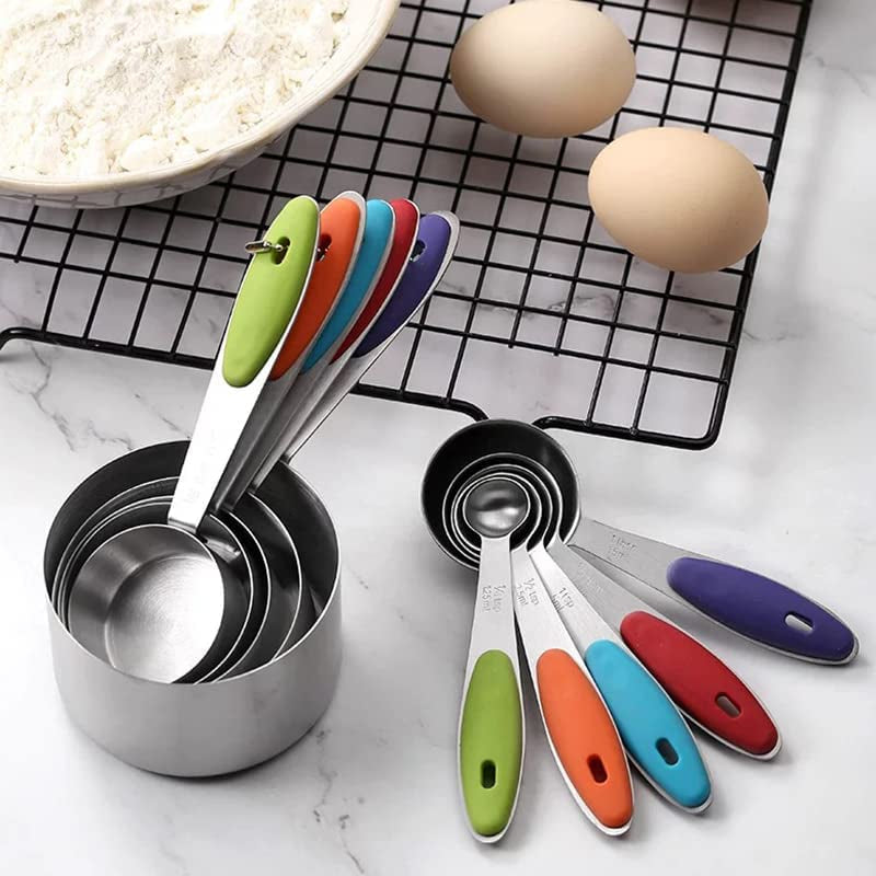 10 Piece Measuring Cups and Spoons Set with Colored Silicone Handles. 5 Measuring Cup and 5 Measuring Spoon.  Family Essential   