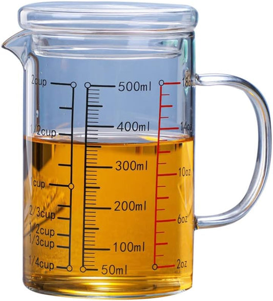 Glass Measuring Cup with Lid, Glass Beaker with Handle and Lid, Measuring Pitcher Beaker Measured Mug Measure Liquid Milk Glass Cup Espresso Glass Cup Clear Scale Marking Cup for Hot/Cold Fluid  Ochine Glass Lid 500Ml 