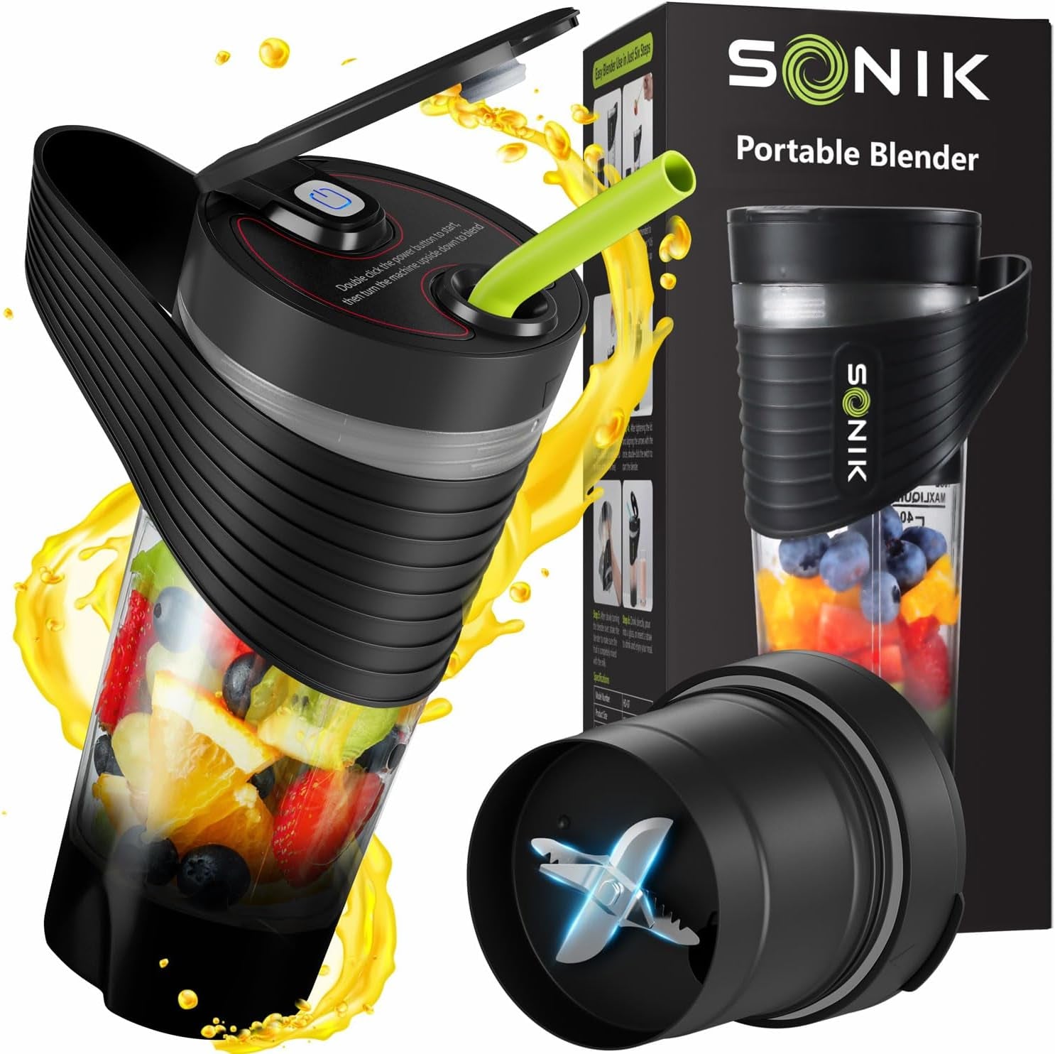 Portable Blender for Shakes and Smoothies with 6 Ultra Sharp Blades, Powerful 16 OZ Personal Sized Blender Perfect for Traveling, BPA Free and USB Rechargeable (Black)  Sonik Black  