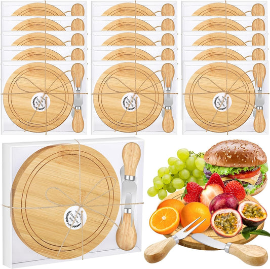 15 Set Bridal Shower Cheese Boards Party Favors Bulk Bamboo Cheese Board Knives Forks Thank You Tags with Clear Box for Wedding Bridal Baby Shower Birthday Guests Prizes Gifts(Round)