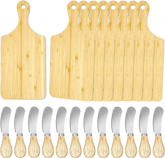 12 Pcs Mini Charcuterie Boards with 12 Pcs Little Cheese Spreader Knives,Bamboo Cutting Board Bulk 11 X 5 Inch for Hotel Restaurant Pizzeria Bakery