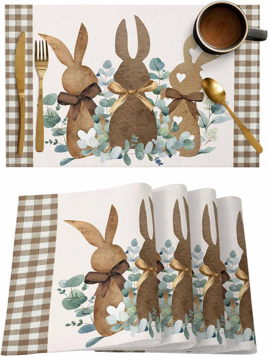 Easter Bunny Placemats, Rabbit and Spring Eucalyptus Leaves Tbale Mat Linen Place Mats Set of 6, Washable Farmhouse Placemat 19X13 Inch Rectangle Cloth Place Mats for Kitchen Dining Indoor