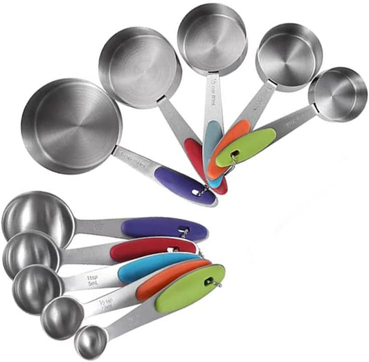 10 Piece Measuring Cups and Spoons Set with Colored Silicone Handles. 5 Measuring Cup and 5 Measuring Spoon.