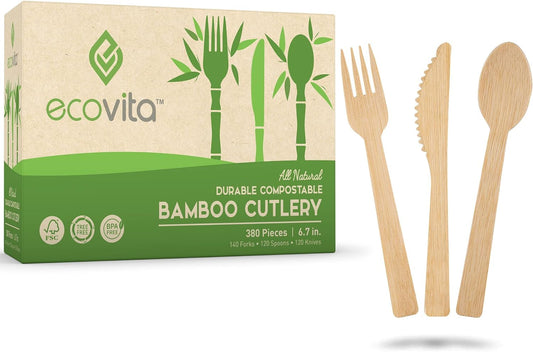 100% Bamboo Forks Spoons Knives Cutlery Combo Set - 380 Large Compostable Disposable Utensils (7 In.) Eco Friendly Durable and Tree Free Alternative to Wooden Silverware with Convenient Tray