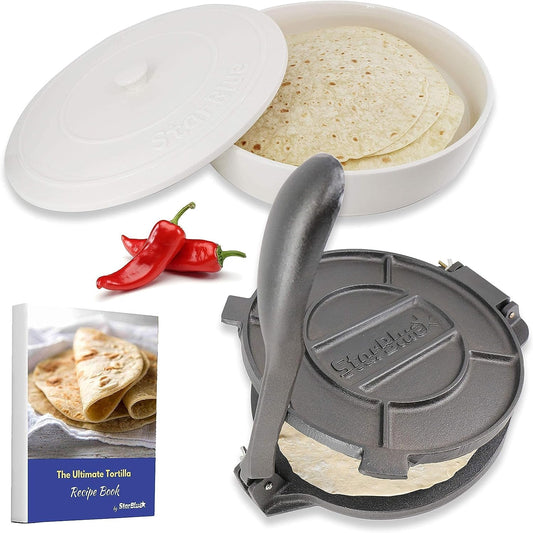 10 Inch Cast Iron Tortilla Press and 10 Inches Ceramic Tortilla Warmer by Starblue with FREE Recipes Ebook