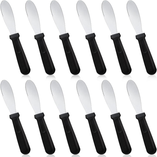 12 Pcs Butter Spreader Knives Wide Blade Stainless Steel Cheese Spreader Knife Black Plastic Handle Slicing or Spreading Knife for Slicing Bread Cream Sandwich Condiment Spreader Kitchen 9.1 Inch