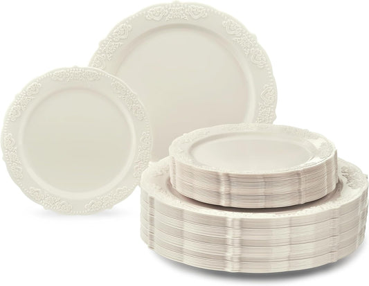 " OCCASIONS " 120 Plates Pack,(60 Guests) Vintage Wedding Party Disposable Plastic Plates Set -60X10.25'' Dinner+ 60X7.5'' Salad/Dessert Plate (Portofino in Plain Ivory)