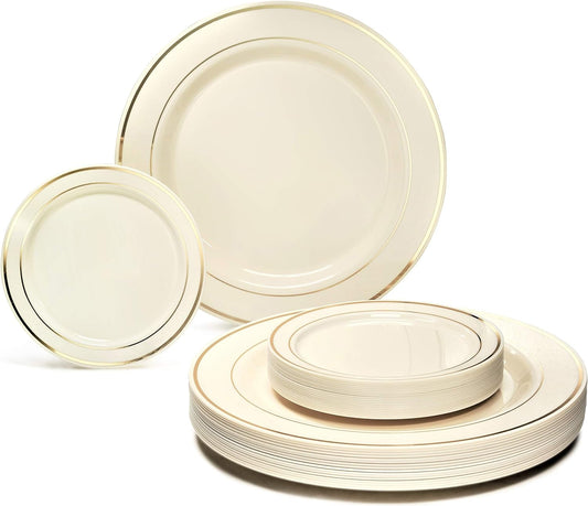 " OCCASIONS " 120 Plates Pack, Heavyweight Premium Disposable Plastic Plates Set 60 X 10.5'' Dinner + 60 X 6.25'' Dessert/Cake Plates (Ivory & Gold Rim)