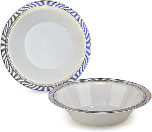 " OCCASIONS " 40 Pieces Plates Pack, Heavyweight Disposable Wedding Party Plastic Bowls (14Oz Soup Bowl, Louvre in White/Blue & Gold)