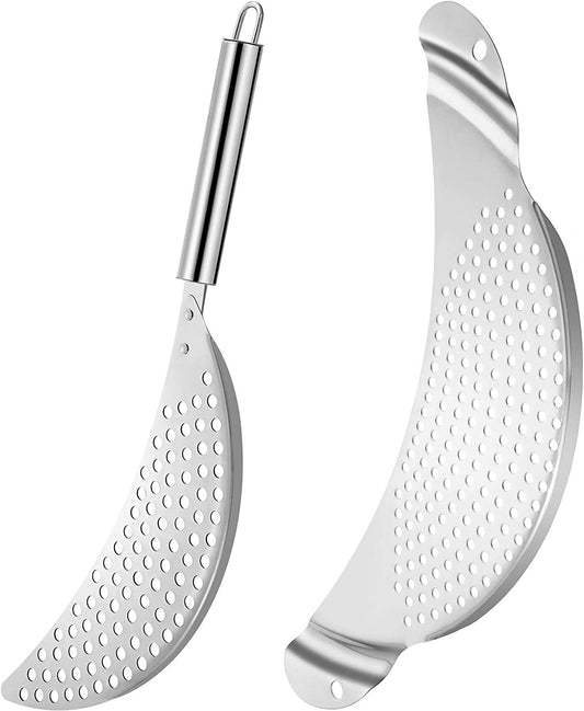 2 Pieces Pot Strainer with Handle Stainless Steel Colander Pasta Drainer Pan Pot Strainer with Recessed Hand Grips Suitable for Kitchen Pots and Pans Different Sizes up to 10 Inches