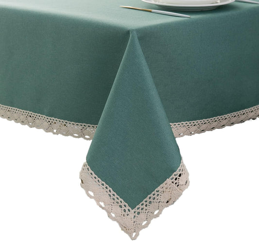 Ehousehome Faux Linen Tablecloth with Lace Trim - Waterproof/Spill Proof/Stain Resistant/Wrinkle Free/Oil Proof - for Banquet, Parties,Dinner,Kitchen,Wedding,Holiday,Green Rectangle 52X70Inch