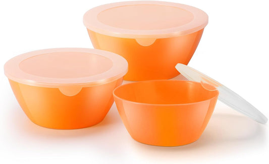 Mixing Bowls with Lids Set of 3，Lightweight Mixing Bowl with Lid，Nesting Plastic Salad Bowls with Lids for Kitchen Preparing，Baking，Serving，Microwave Safe，Dishwasher Safe，Orange