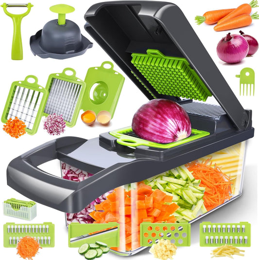 12 in 1 Pro Vegetable Chopper with Container, Multifunctional Veggie Chopper Dicer,Salad Chopper Box, Mandoline Slicer,Food Chopper with Sharp Blades, Easy to Clean