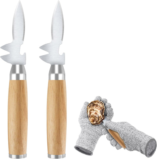 Oyster Shucking Knife, 2 Pack Oyster Shucker Oyster Knife with Comfort Wood-Handle, Oyster Shucking Kit with Professional Grade Cut Resistant Gloves,Seafood Opener Seafood Tools