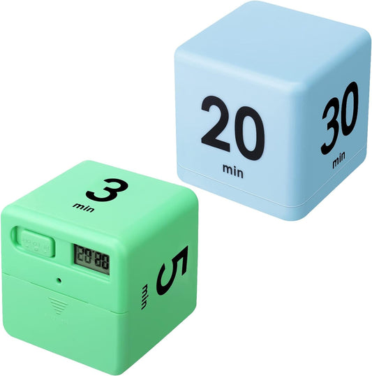 2 Pieces Cube Timers Gravity Sensor Flip Timer Kids Timer Workout Timer and Game Timer for Time Management, 1 3 5 10 Minutes and 15 20 30 60 Minutes (Green, Blue)