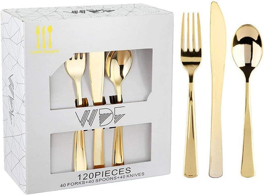 120 Pieces Gold Plastic Silverware - Disposable Flatware Set - Heavy Duty Plastic Cutlery - Silverware Includes 40 Forks, 40 Spoons, 40 Knives -WDF Plastic Silverware