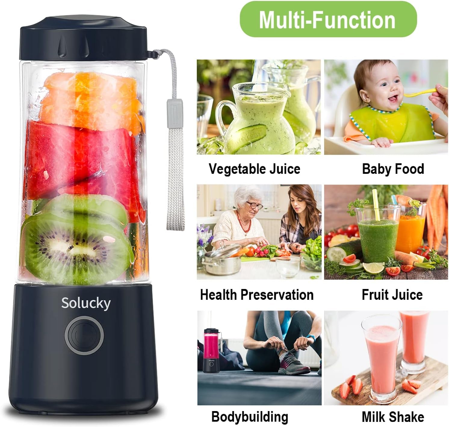 14 Oz Portable Blender, Cordless & Rechargeable, Ideal for Travel and Home Use  Solucky   