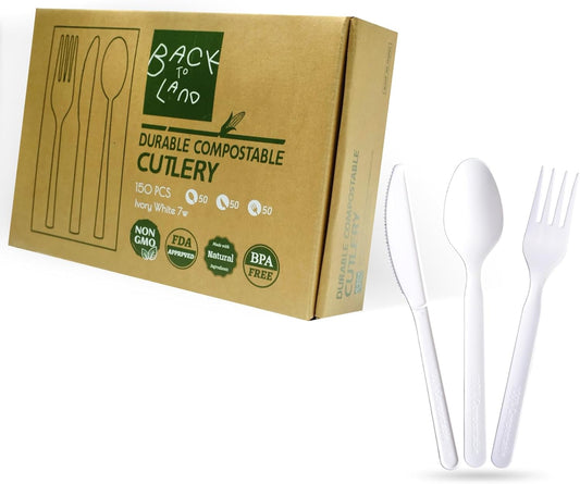 100% Compostable Utensil Sets No Plastic Knives Forks Spoons，7In 150 Pcs Disposable Eco Friendly Heavy Duty Silverware Set Flatware for Camping Party Wedding BBQ Picnic.