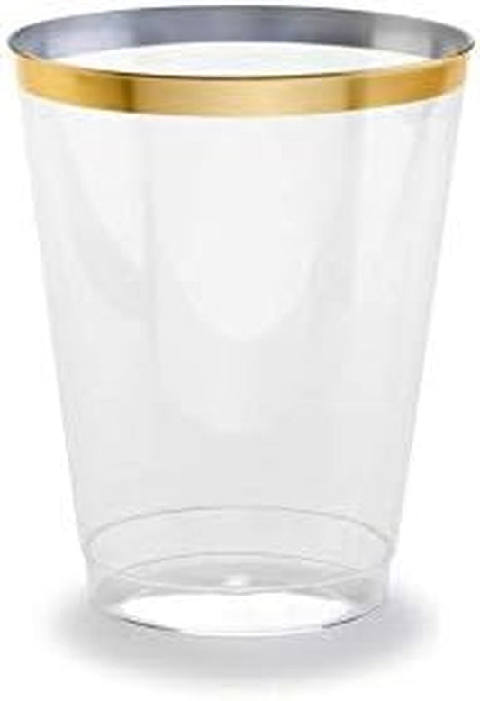 " OCCASIONS " 100 Pieces Wedding Party Disposable Plastic Tumblers Cups (10 Oz, Clear & Gold Rimmed Tumbler)
