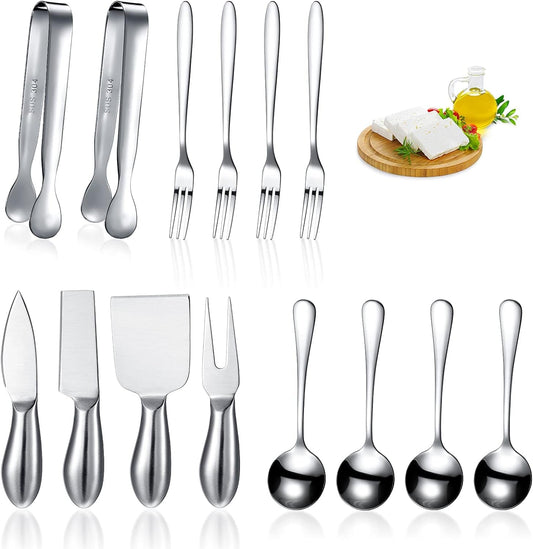 14 Pieces Spreader Knife Set Cheese Butter Spreader Knife Cheese Slicer Knife Stainless Steel Blade with Handles Mini Serving Tongs Spoons and Forks for Birthday Wedding (Stainless Steel Handle)