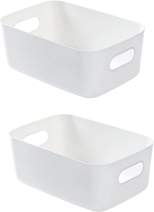 2 Pack Plastic Storage Basket, White Storage Bin with Handle Bathroom Organization Bins Kitchen Spice Rack Organizer for Shelves Drawers Pantry Closet(11.8X8X4.9In)
