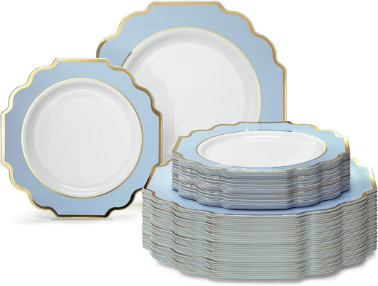 " OCCASIONS " 120 Plates Pack,(60 Guests) Heavyweight Wedding Party Disposable Plastic Plates Set -60 X 10.5'' Dinner + 60 X 8'' Salad/Dessert Plate (Imperial in Blue/Gold)