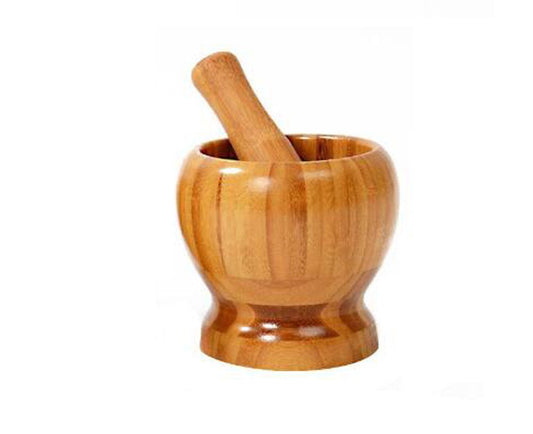 1Sets 4.3"(Bowl with Pestle) Bamboo Household Garlic Pepper Spice Pounder Mortar and Pestle Press Fruit Crusher Stamp for Kitchen Tool Set (Diameter-4.33")