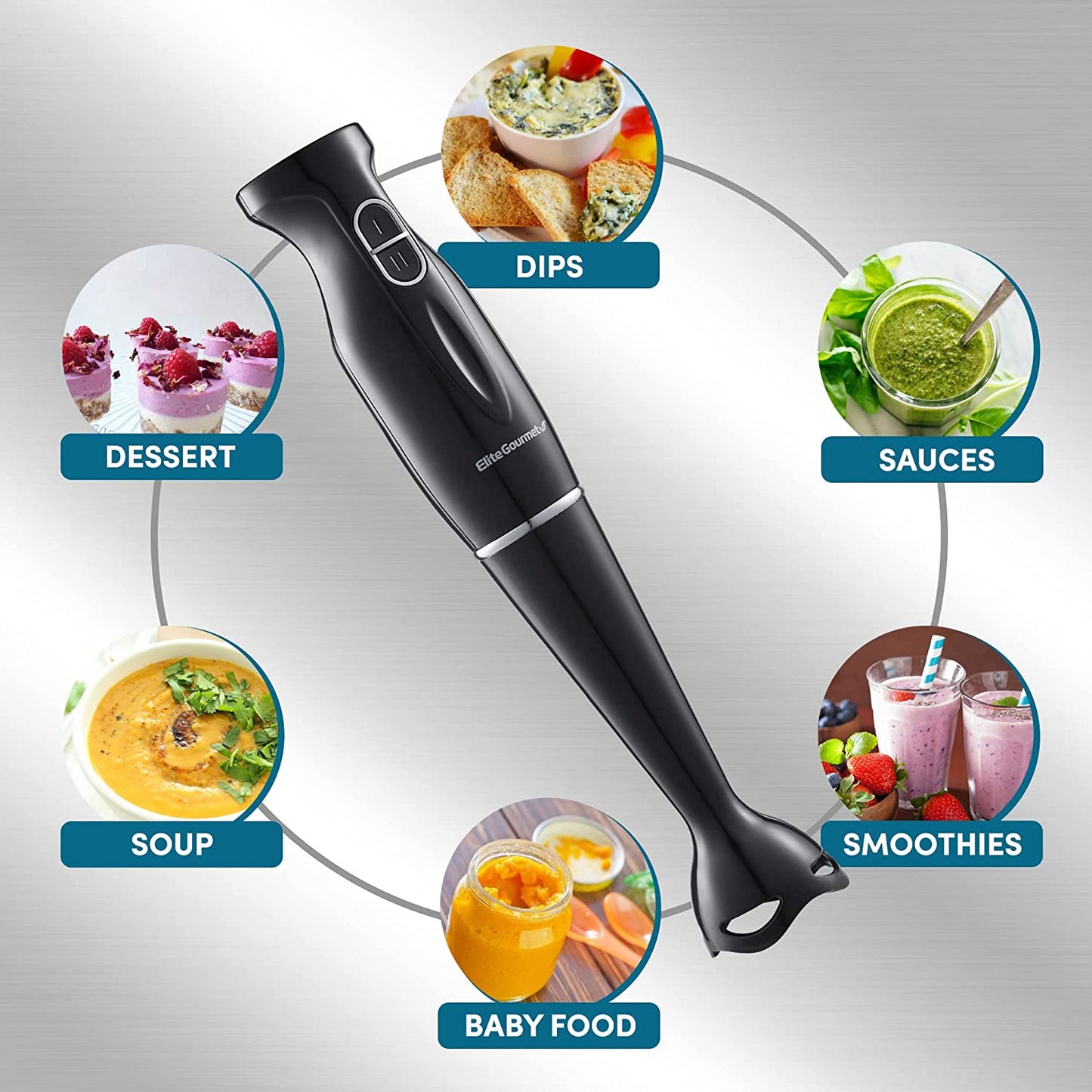 Elite Gourmet EHB1023 Immersion Hand Blender 300 Watts 2 Speed Mixing with Detachable Blades, Detachable Wand Stick Mixer, Smoothies, Baby Food, Soup, Black  Elite Gourmet   
