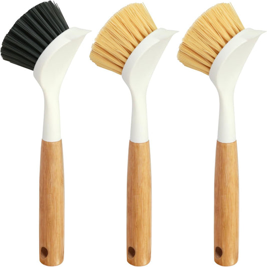 Holikme 3 Pack Dish Brush Set with Bamboo Handle, Kitchen Scrub Brush for Cleaning Dish, Pot, Sink and Stove, Skillet Scrubber with Tough Bristles for Cast Iron Grill Pan, Yellow