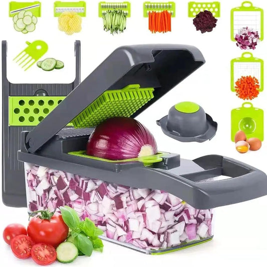Advanced Vegetable Chopper Multifunctional Manual 13 in 1 Food Chopper, Kitchen Vegetable Slicer Dicer, Spiralizer, Cutter, Veggie Chopper with Plastic Container