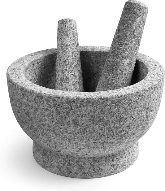 8 Inch Large Capacity Mortar and Pestle Set - One Mortar and Two Pestels - Natural 5 Cups Unpolished Heavy Granite for Apothecary Kitchen  TENINYU Inc.   