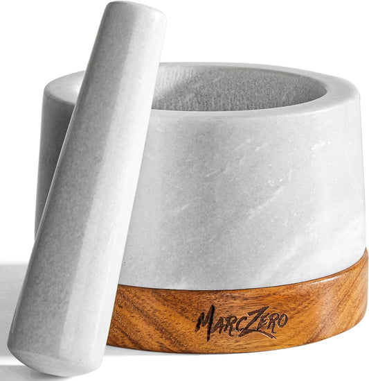 6Inch Large Mortar and Pestle Set with Anti-Scratch Wooden Base, Heavy Duty Mortar and Pestle Made of Natural Marble(White)  MarcZero   