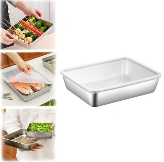 Stainless Steel Square Plate with Lid, Baking Sheet Set Heavy Duty Stainless Steel Baking Sheet Pans, Food Grade Stainless Steel Tray Thickened Metal Dish Plate Easy Clean (A-5.3 * 4.1 * 2.3Inch)  Wegodal B-9.8*7.8*2.2Inch  