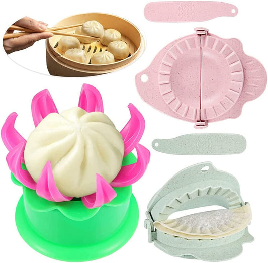 5 Pieces Bun Maker Bun Dumpling Maker Steam Filled Plastic Mold and Filling Spoon Cooking Tool Set for Kids Learning to Make Delicious Bun and Dumplings(Green, Pink)  Potchen   