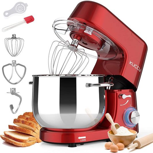 8.5 QT Double Handle KUCCU Stand Mixer, 6 Speed with Pulse Electric Kitchen Mixer, 660W Tilt-Head Food Mixer with Dishwasher-Safe Dough Hook, Flat Beater, Whisk, Splash Guard for Home Baking (Red)  KUCCU   