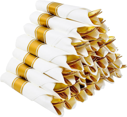 30 Pack Pre Rolled Gold Plastic Cutlery, Disposable Heavy Duty Silverware Set - 30 Forks, 30 Spoons, 30 Knives, 30 Napkins, Disposable Cutlery Set for Catering, Parties, Dinners, Weddings  FOCUSLINE   