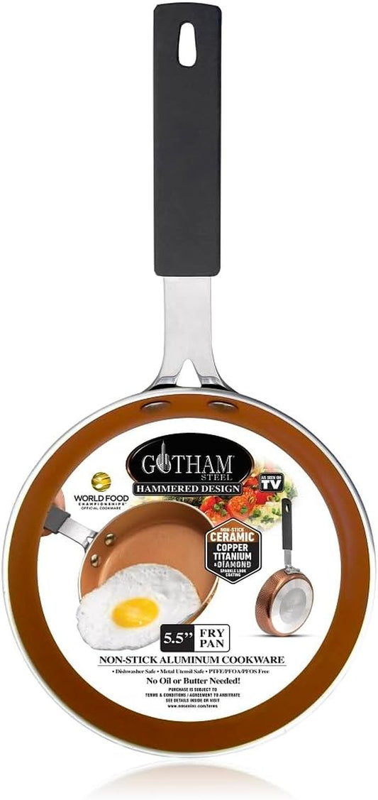 Gotham Steel Hammered Egg Pan Nonstick, 5.5 Inch Small Frying Pan Nonstick, Egg Frying Pan, Small Pan for Cooking, Copper Pan Skillet with Rubber Grip Handle, Dishwasher & Oven Safe, 100% Toxin Free  E Misham & Sons   