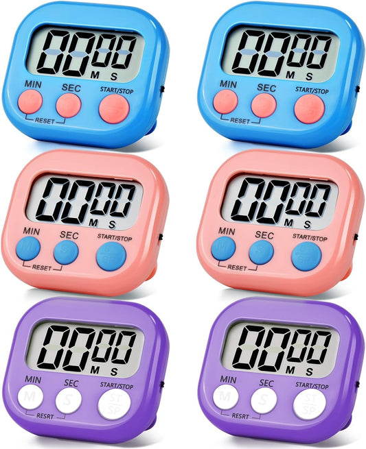 6 Pack Digital Kitchen Timer Magnetic Digital Timer with Big Display Loud Ring Cooking Timers for Kitchen Electronic Timer for Cooking, Bathing, Gym, Break Time, Classroom (6, Purple, Blue, Pink)  CZBRO   