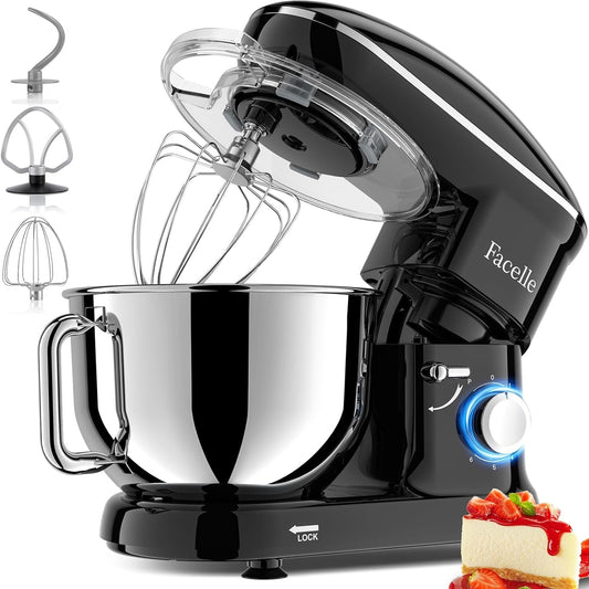 3-IN-1 Electric Stand Mixer, Facelle 6 Speed Kitchen Mixer with Pulse Button, Attachments Include 6.5QT Bowl, Dishwasher Safe Beater,Dough Hook,Whisk,Splash Guard for Dough,Baking,Cakes,Cookie (Black)  Facelle   
