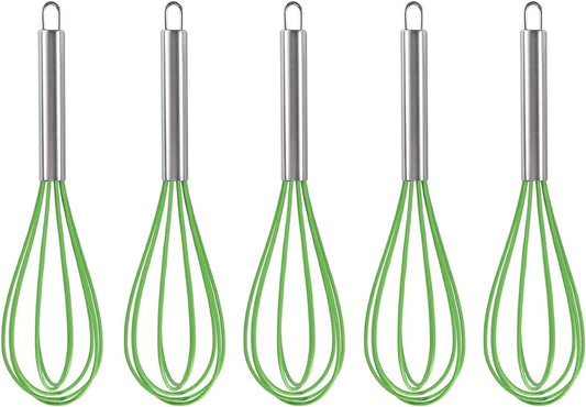 1/5Pcs Silicone Whisk, 10-Inch Kitchen Whisk Stainless Steel Handle Classic Mixer Balloon Wire Whisk for Eggs Cake Batter Cream Chocolate Kitchen Supplies Green 5Pcs  C-LARSS Green 1Pc 