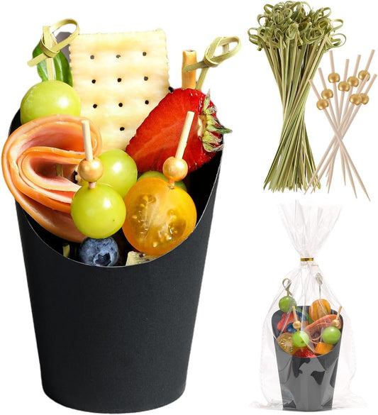 60 Sets Disposable Charcuterie Cups with Sticks and Bags, 14 Oz Black Kraft Paper Snack Boxes Appetizers Cup French Fry Holder with Cocktail Skewers Toothpicks Tooth Picks(60 Cups+60 Bags+200 Sticks)
