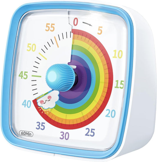 60-Minute Visual Timer with Night Light, Countdown Timer for Classroom Home Kitchen Office, Pomodoro Timer with Rainbow Pattern for Kids and Adults (Blue)